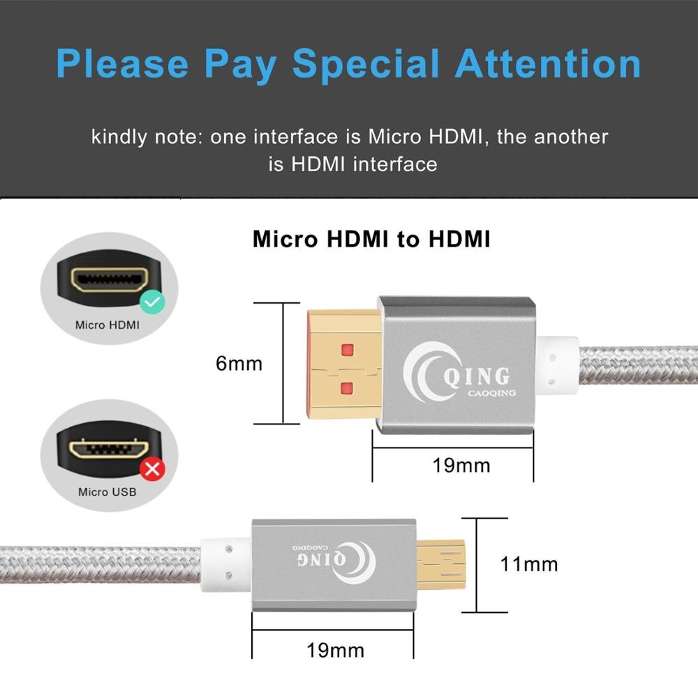 Micro HDMI to HDMI Cable 3D 4K 1080P Nylon Braided Male-Male Micro HDMI Cable for Raspberry Pi 4 Huawei MediaPad Sony camera