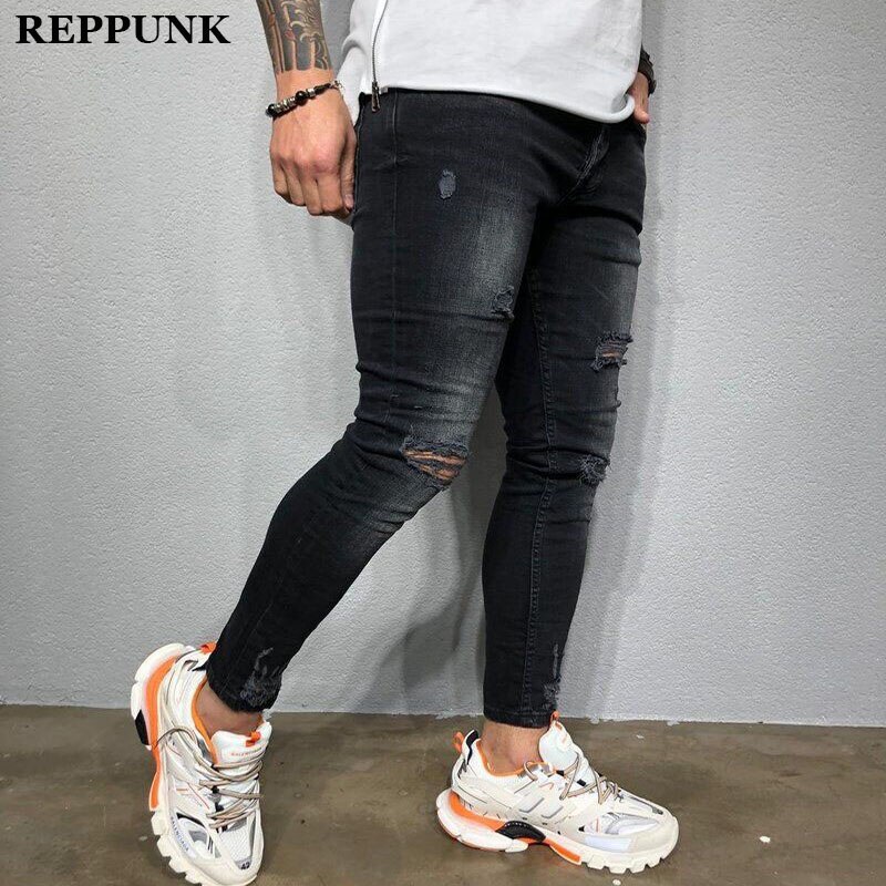 Reppunk svart stretch skinny fit jeans herr knä slitna nödställda hål biker jeans byxor hip hop street stor storlek xxxl
