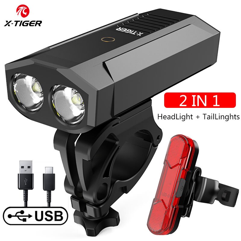 Juego de luces delanteras para bicicleta de X-TIGER, lámpara LED resistente al agua, recargable vía USB, 5200mAh: QD-1101T