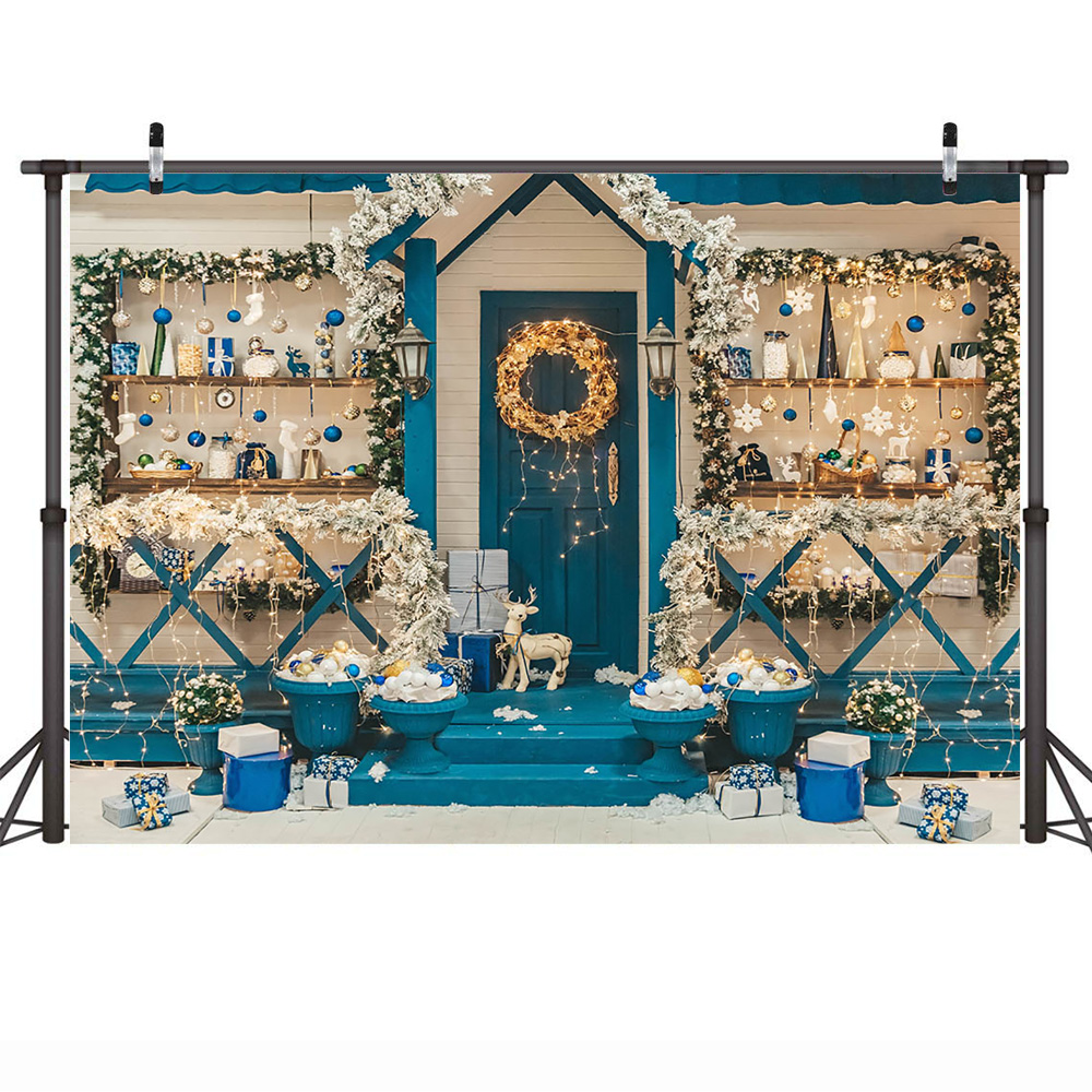 Christmas Shop Backdrop Decorations Winter Blue House Birthday Cake Smash Portrait Background Merry Xmas Photography