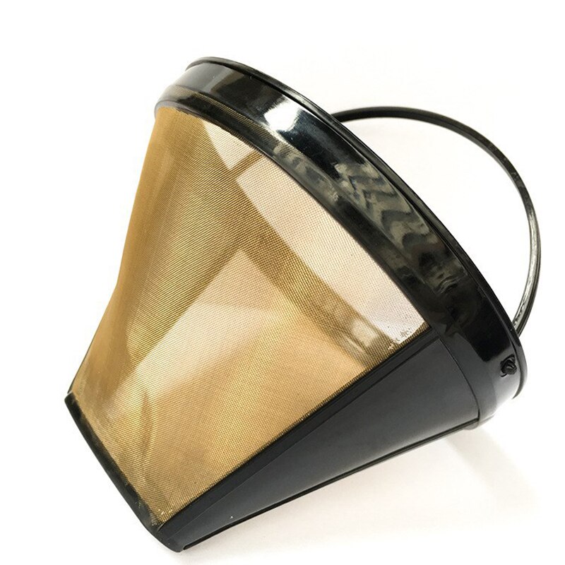 1pc Washable Handle Coffee Filter Stainless Steel Reusable Coffee Filter Cone-Style Refillable Gold Mesh Cafe Maker Machine Tool: Brown