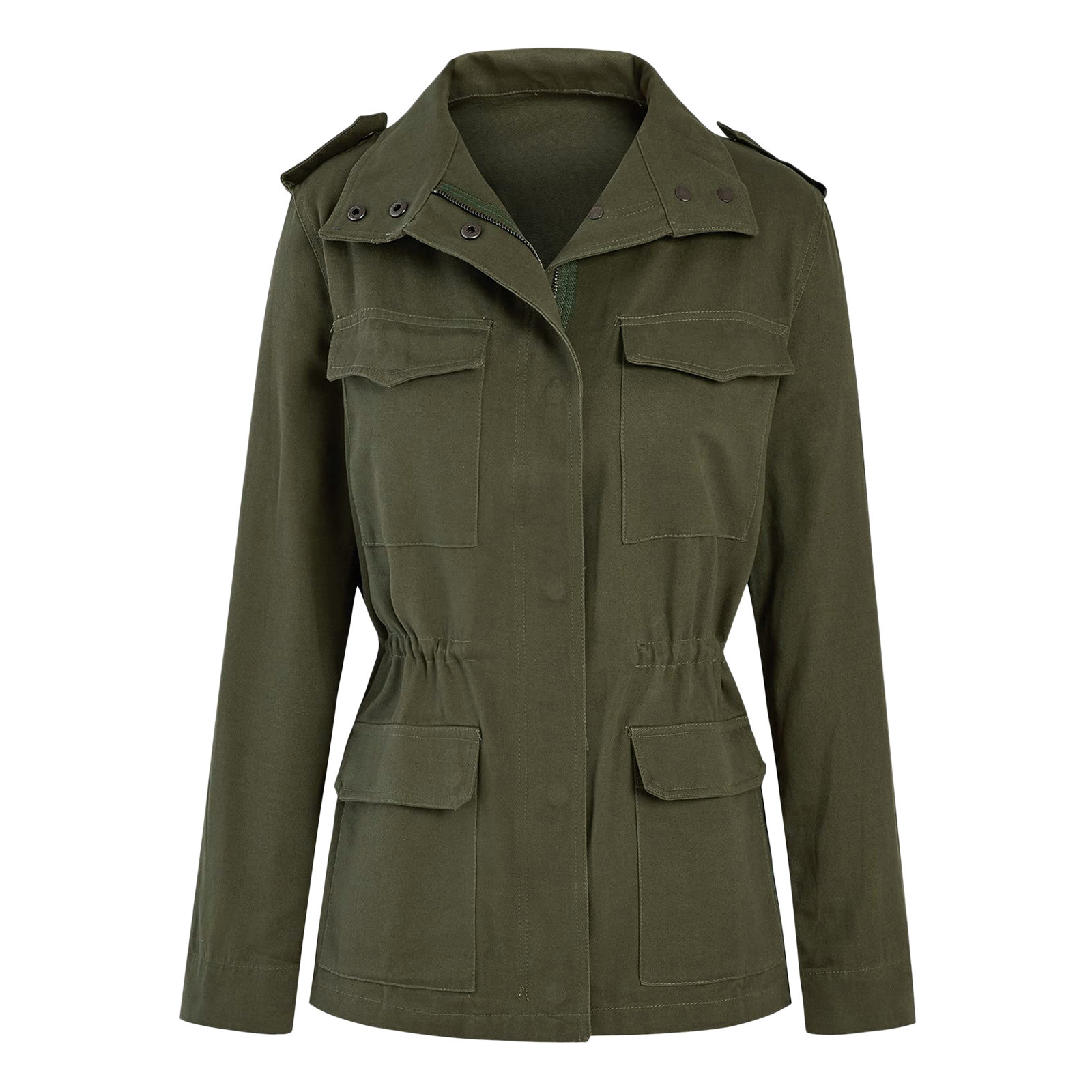 Autumn Women Waist Tunic Coats Retro Green Multi-Pocketed Jacket Turn-Down Collar Button Solid Color Outwear Coats: XL / army green