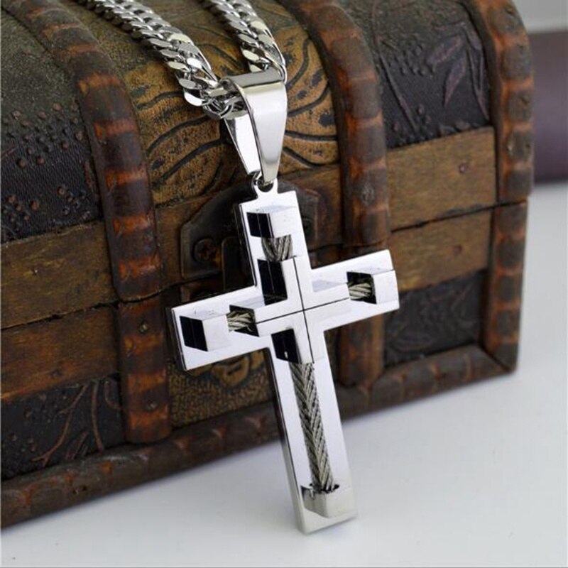 Punk Male Cross Jesus Pendant Stainless Steel Cable Wire Jesus Rope Cross Pendant Necklace Jewelry for Men: Default Title