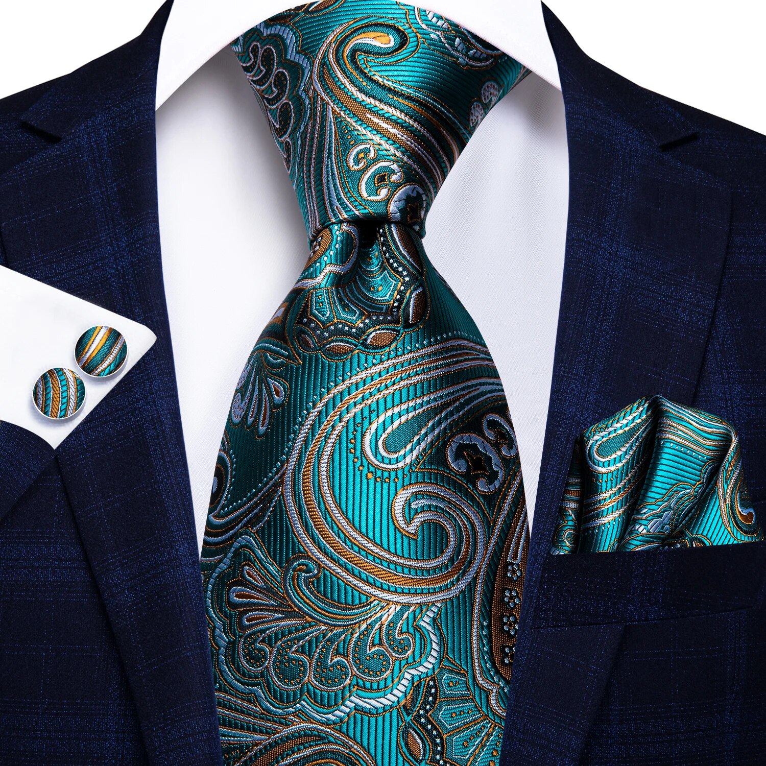 Hi-Tie-corbata de boda de seda de para hombre, color azul pavo real, gemelos, , conjunto de corbata de para de negocios