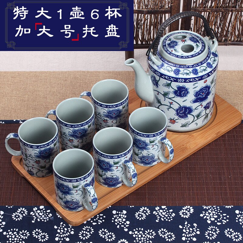 Kinesisk stil jingdezhen keramisk tekanna tekopp stor blå blomma porslinskanna filtrerad teflaska set hem te träbricka