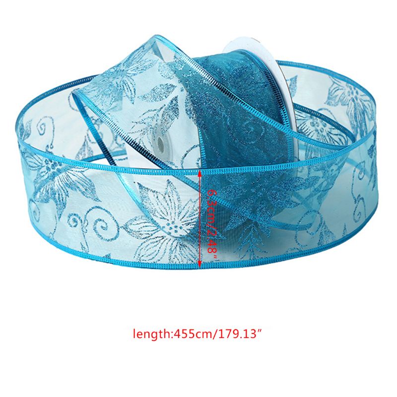 Rollo de 50 yardas de cinta de Navidad transparente con purpurina y flores para decoración del banquete de boda