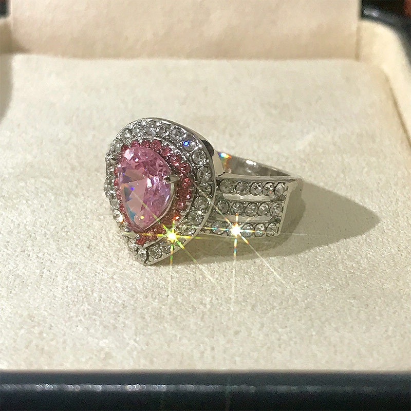Visisap indlagt pink zirkon vand pæreformede ringe til kvinder tre-lags forlovelsesring størrelse 5 to 11 h009