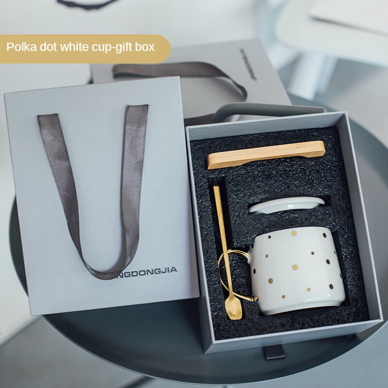 Taza de café de lujo con estampado de lunares a cuadros, geométrica, de cerámica, para desayuno, taza de leche y agua, creativos para parejas: white dot gift box