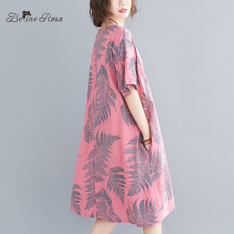 BelineRosa-vestido holgado de lino y algodón para mujer, ropa de talla grande para vacaciones en Hawai, BSDM03437,