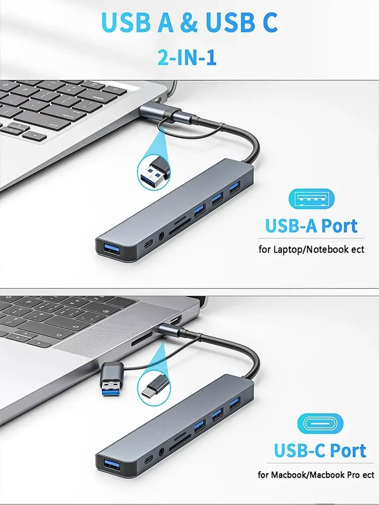 Airies USB 3.0 en aluminium 8 en 1, z 1 X USB 3.0, 3 X USB 2.0 i 1 X USB C, czytnik kart SD/TF, 3,5 mm, porty m.com