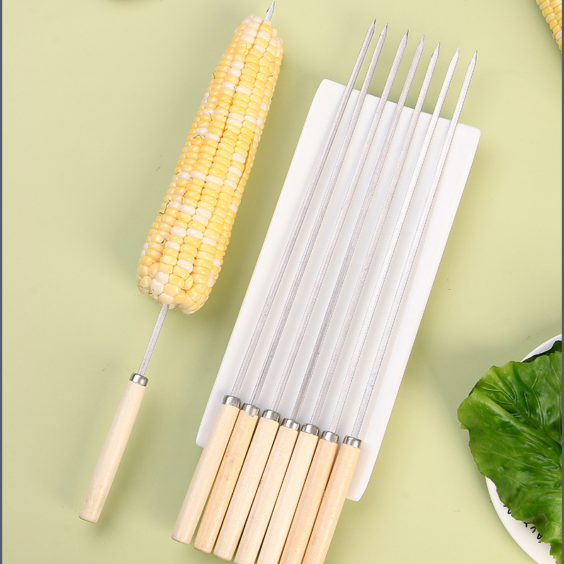Stainless steel wooden handle barbecue stick mutton kebab tool barbecue kebab articles iron stick flat stick fitting: 25