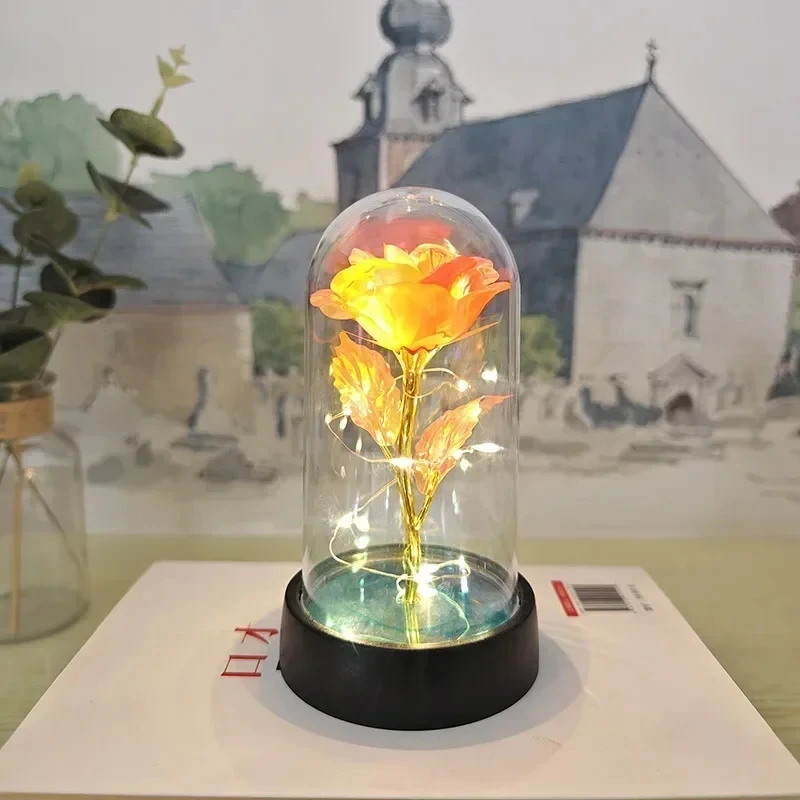 Flores de rosas artificiales, del Día de San Valentín para novia, rosa eterna, flor de lámina de luz LED, decoración de boda, de navidad
