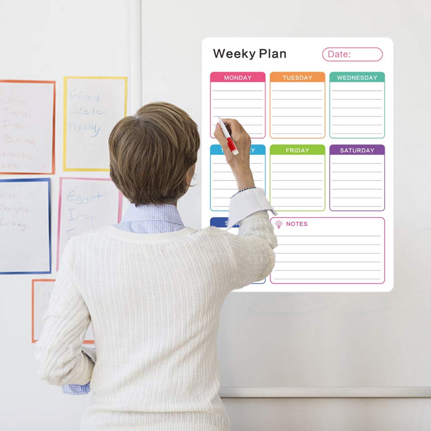 Planificador semanal magnético, tablero de calendario de borrado en seco, imán de refrigerador con 4 marcadores de borrado para el hogar, escuela, oficina, tiendas, 40x30cm