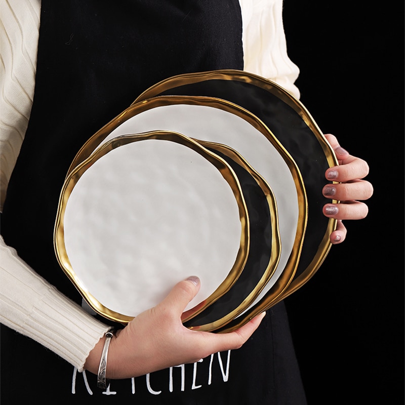 Ceramic Dinner Plate Gold Inlay Snack Dishes Luxury Gold Edges Plate Dinnerware Kitchen Plate Black White Tray TablEware Set