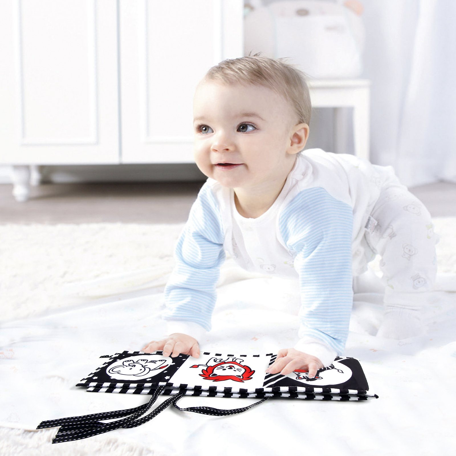 Libro de tela sensorial, juguetes para bebés de alto contraste de 0 a 12 meses, juguetes para cuna para recién nacidos, libros de tela de animales en blanco y negro, libro para bebés Montessori