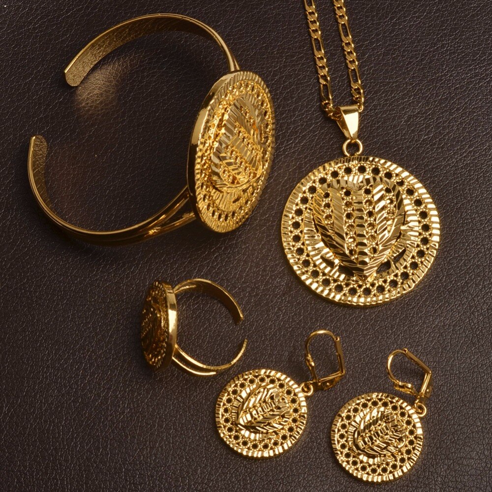 Anniyo serce Dubai biżuteria zestawy etiopskie naszyjniki kolczyki pierścień bransoletka złoty kolor, arabska afrykańska biżuteria ślubna zestawy #101706