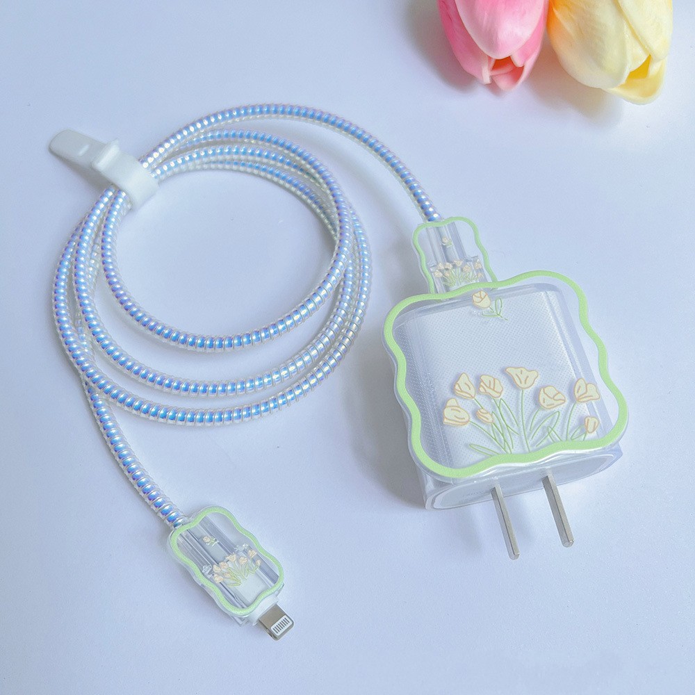 Charger Cable Protector for Apple Iphone 14 13 Cute Heart Wave Charger Case for Iphone 18W/20W US Adapter Data Protective Sleeve: green