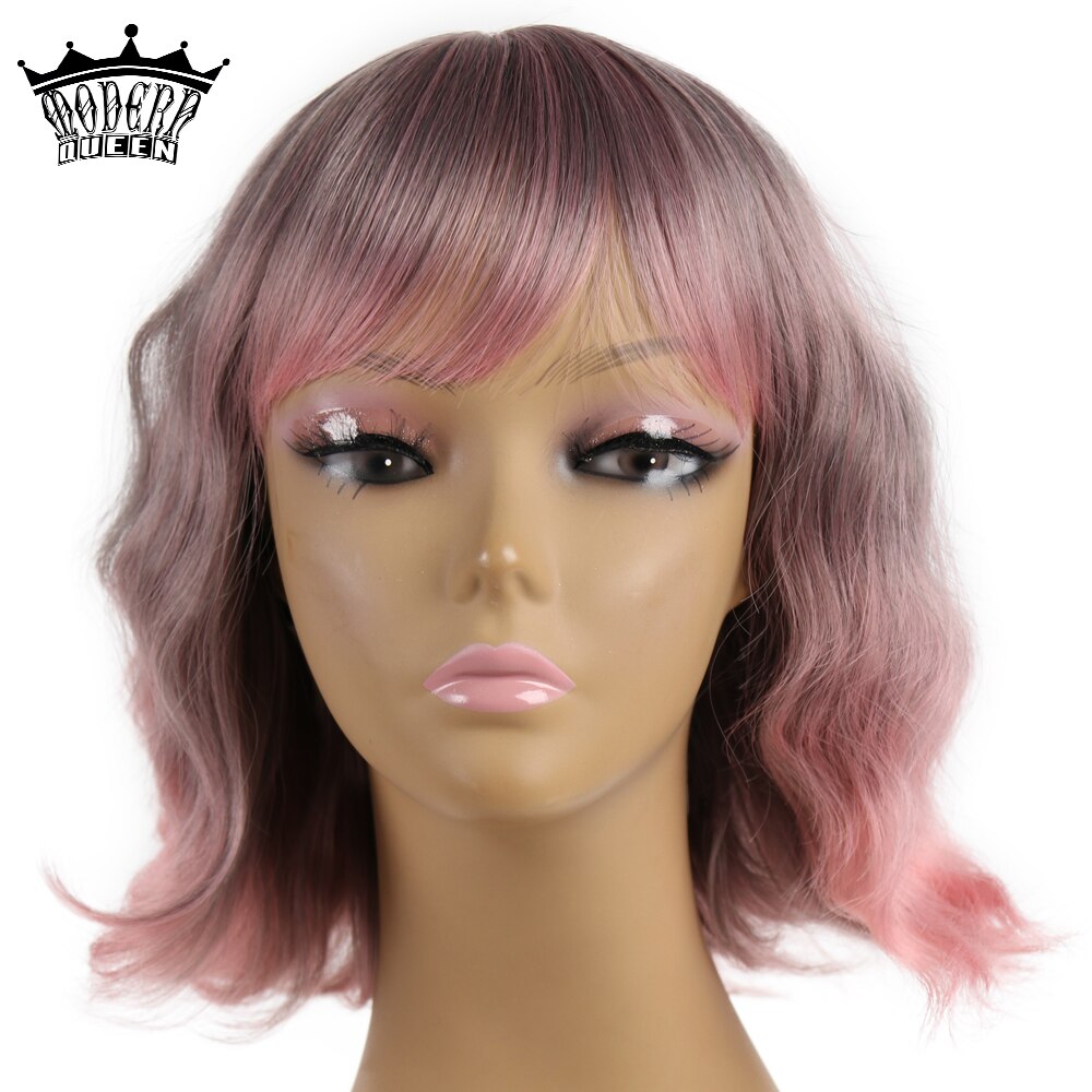 12"Short Water Wave Wigs Synthetic Wigs with Bangs Bob Wigs Heat Resistant False Hair for Girl Daliy Dressing MODREN QUEEN