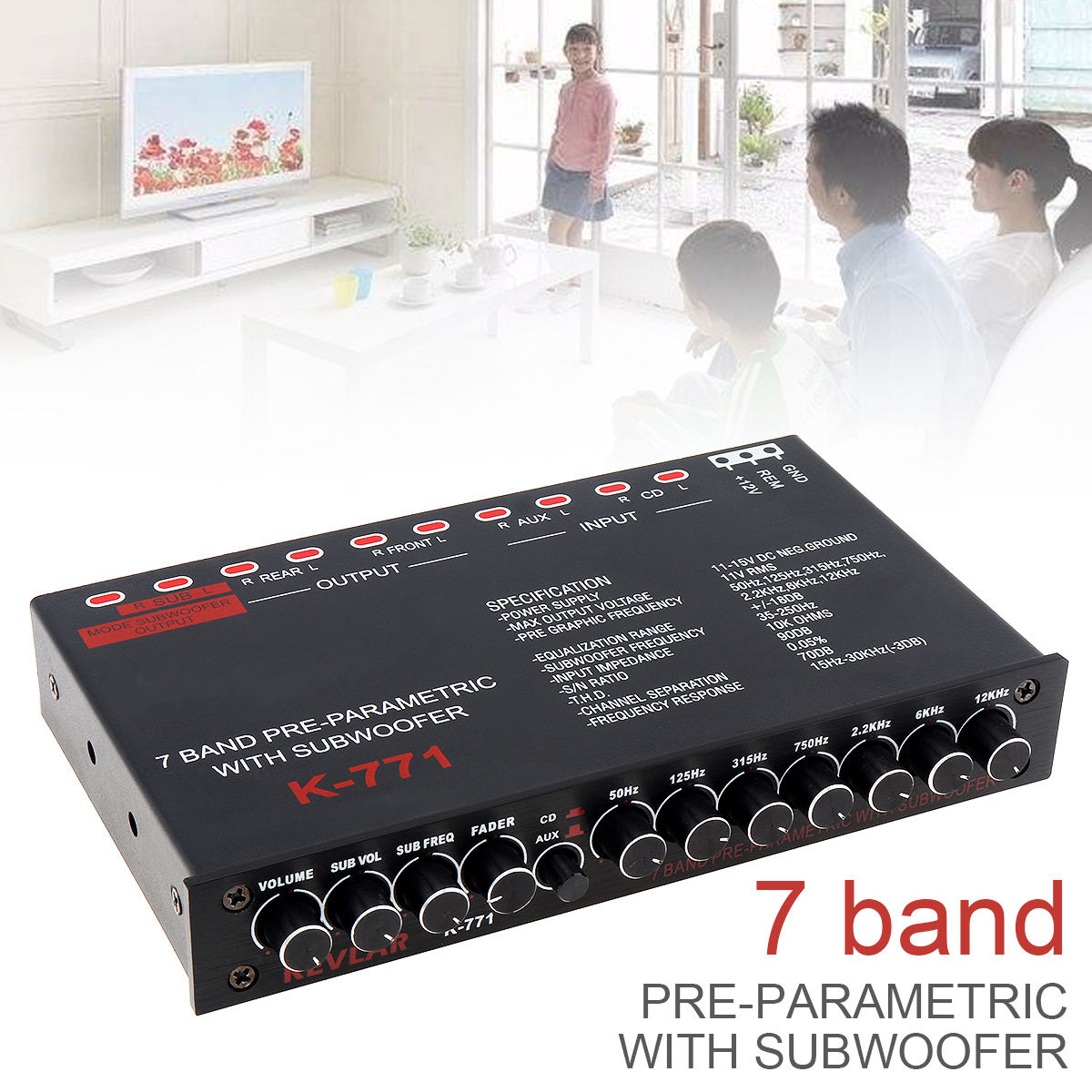 Égaliseur Audio de voiture à 7 bandes, fréquence d&#39;égaliseur réglable, entrée RCA pour appareils portables + sortie Subwoofer