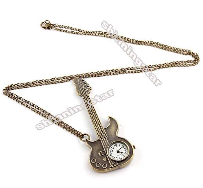 Kleine Zakhorloge Ketting Vrouwen Mode-sieraden Brons Mini Size Gitaar Quartz Pocket Horloges Hanger Meisjes Vrouwen Little
