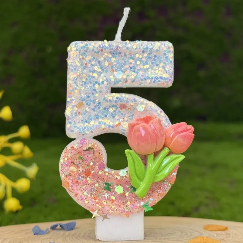 Pink Glitter Tulip Flower Candles for Birthday Party Anniversary Cake Decoration Atmosphere Decoration Photography Props: cream