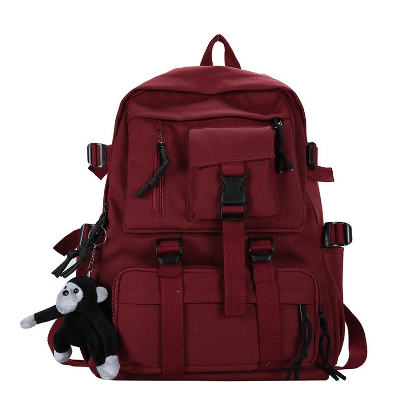 Mochila negra de estilo Preppy para hombre y mujer, morral de nailon impermeable con múltiples bolsillos, bolso de hombro para adolescentes: Rojo / only Bag