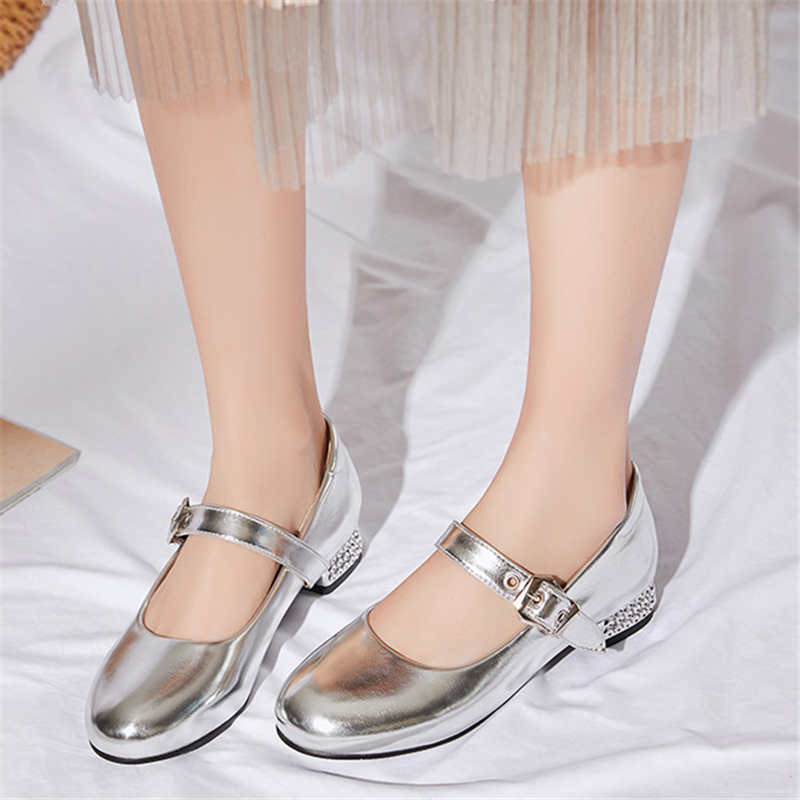 Odetina Vrouwen Mode Blok Chunky Hak Antislip Casual Schoenen Dames Vintage Gesp Ronde Neus Beknopte Mary janes Schoenen: Zilver / 8