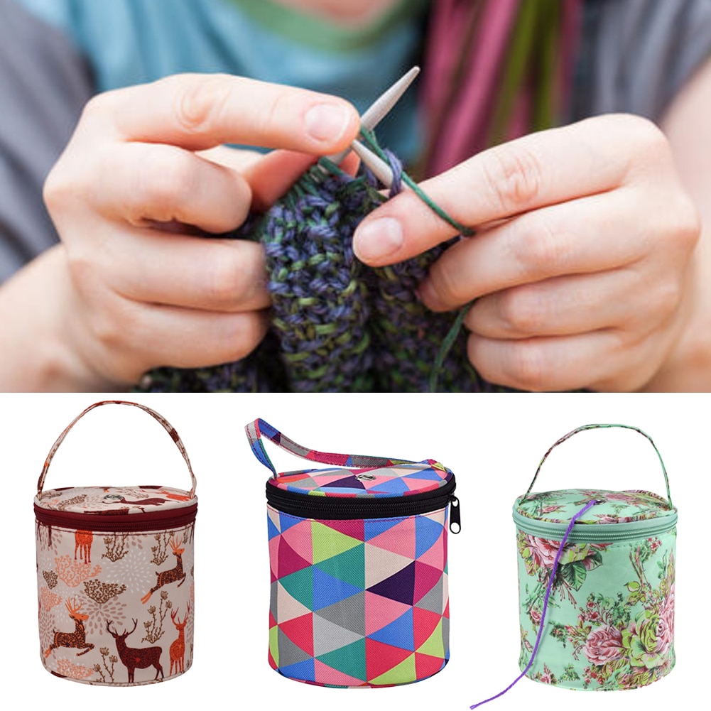 Printed Cloth Weaving Crochet Tote Zipper Closure DIY Craft Knitting Bag Anti-winding Home Portable Yarn Storage With Handle