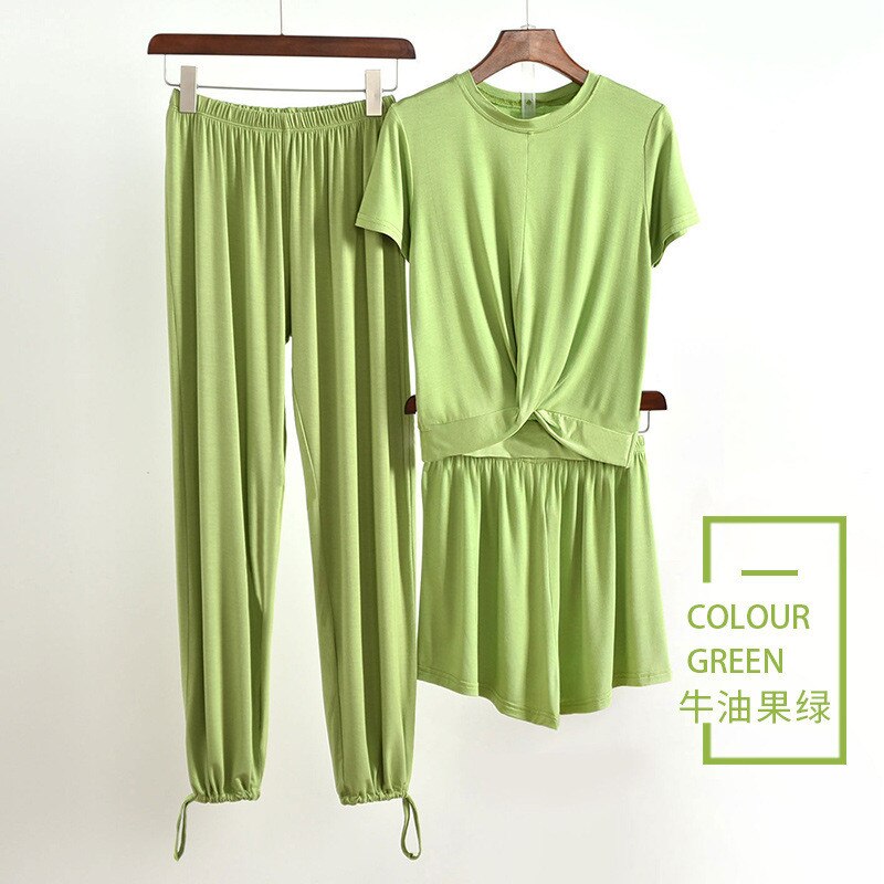 Høst modal hjemmeklær for kvinner pyjamas buksesett høst t-skjorte 3 stk hjemmeklær kvinnelige pyjamas modal lounge wear hjemmedress: Grønn / Xl  (61-75) kg