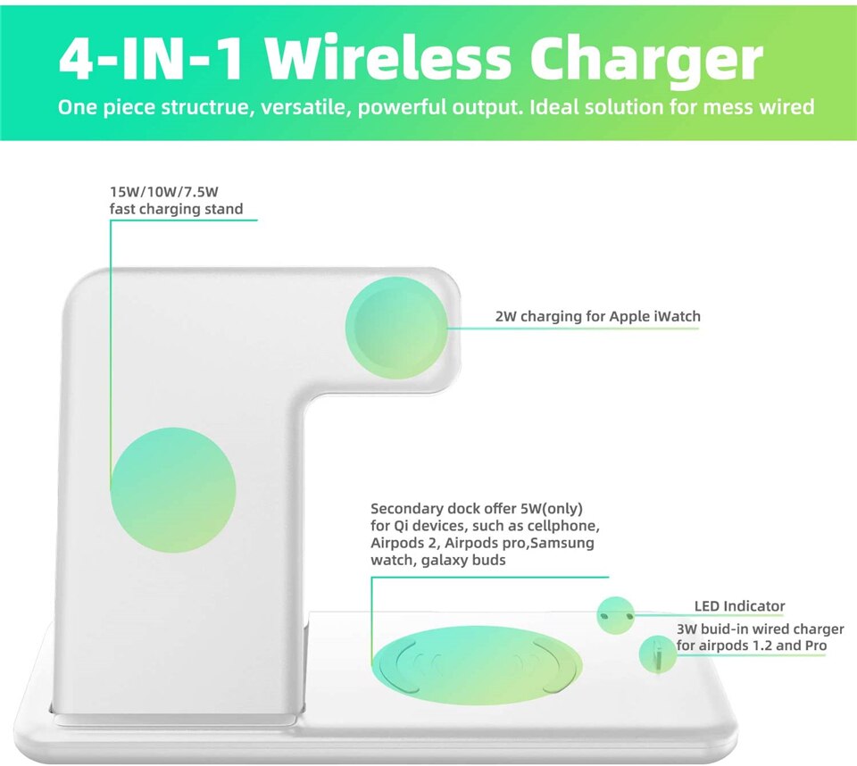 15W 4 in 1 Wireless Charger Stand For iPhone 12 11 XS XR X Foldable Qi Fast Charging Dock Station for Apple Watch Airpods Pro