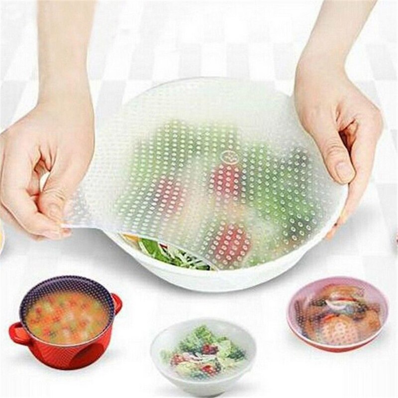 4pcs/set Reusable Silicone Saran Wrap Food Wraps Stretch Vacuum Seal Cover Kitchen Organization Food Fresh Keeping Sealed Lids