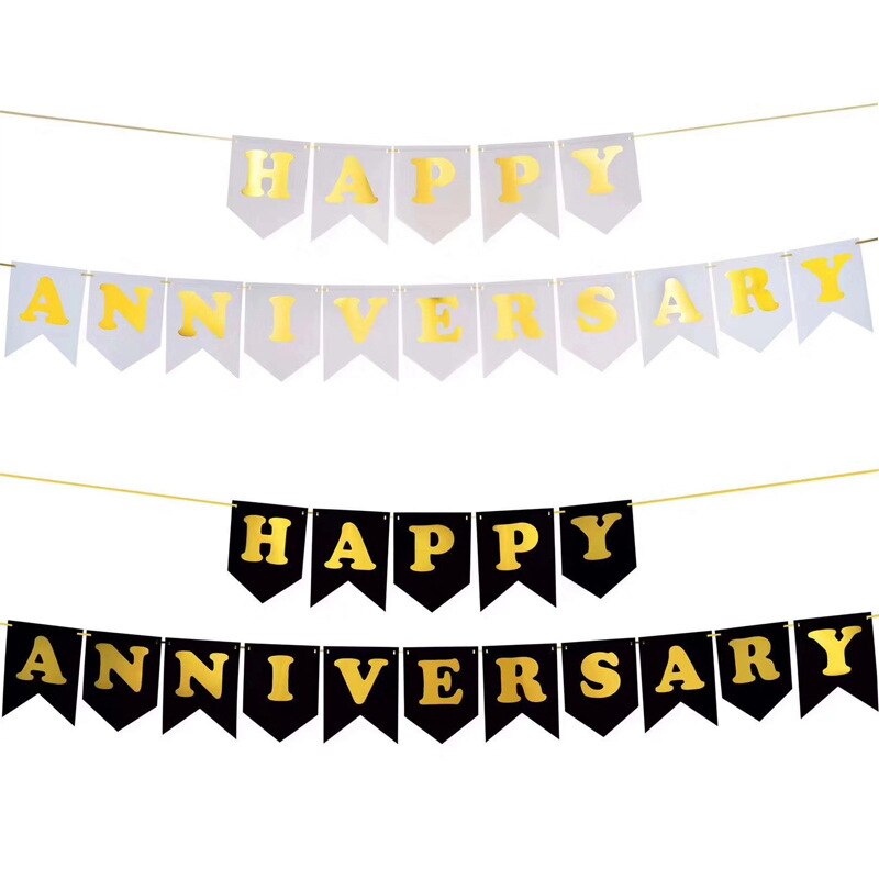 Happy Anniversary Banner With Gold Print Party Decor Display For Anniversary Celebration Supplies