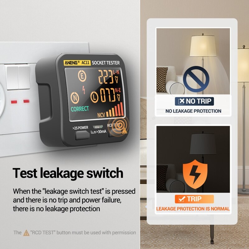 AC11 Electrical Leakage Detector Socket Tester Ground Wire Zero Line Live Wire Phase RCD NCV Checker Australia AU Plug