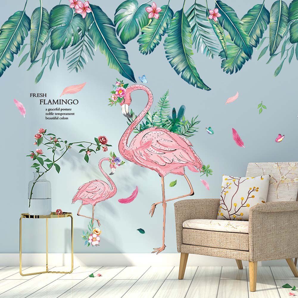 [shijuekongjian] Romantic Flamingo Wall Stickers DIY Cartoon Animals Wall Decals for House Kids Rooms Baby Bedroom Decoration: flamingo and leaves2