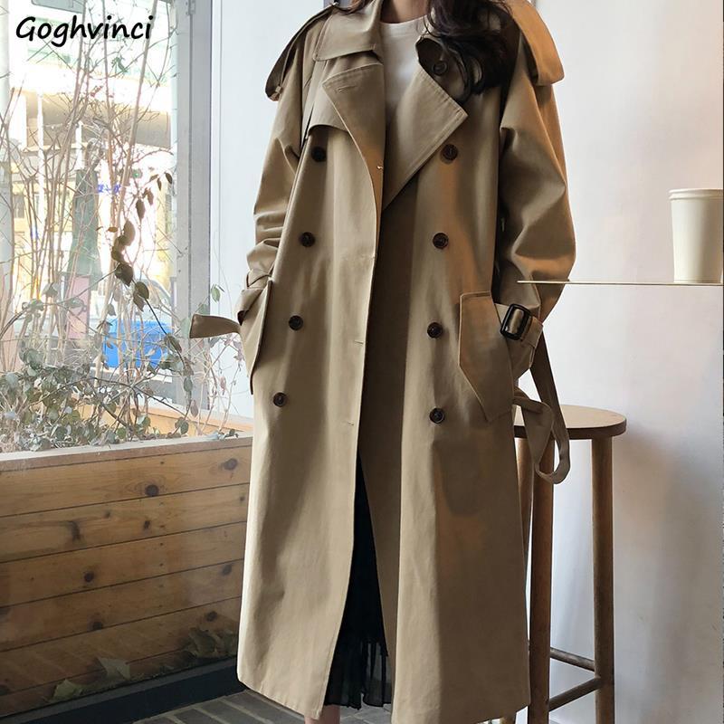 Gabardina larga de color caqui para mujer, abrigo cortavientos de doble botonadura, ajustado, estilo coreano, cómodo, para primavera y otoño