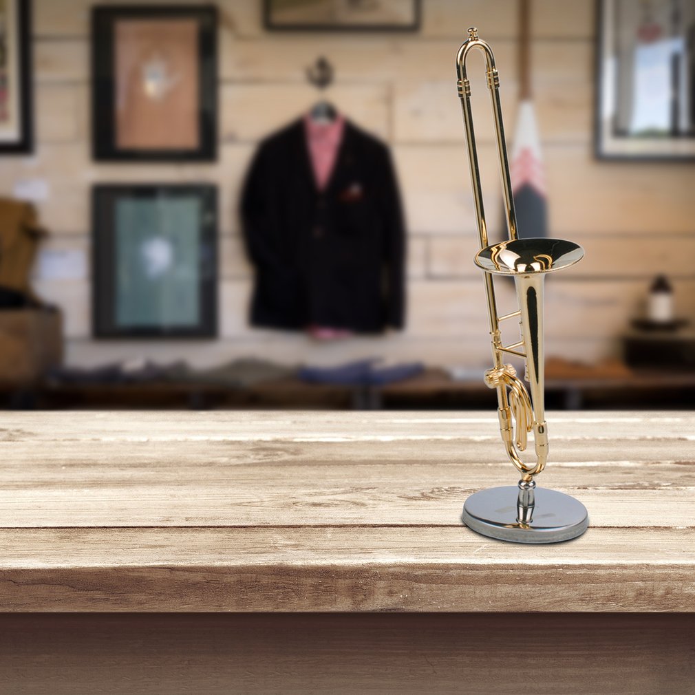 TSAI Mini Trombone With Stand Base Musical Instruments Fine Goldplated Craft Miniature Trombone Home Decoration Ornament