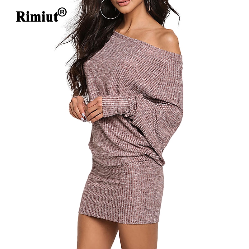 Rimiut Een Schouder Losse Gebreide Plus Size Vrouwen Jurken Herfst Winter Trui Jurken Mini hip jurk