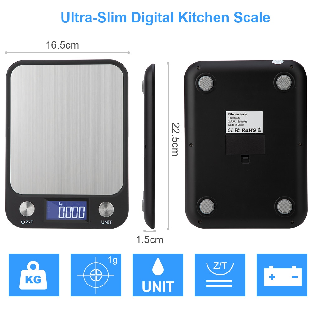 Báscula de cocina con botón táctil, balanza Digital multifunción de acero inoxidable para pesar alimentos, 10kg x 1g, pantalla LCD