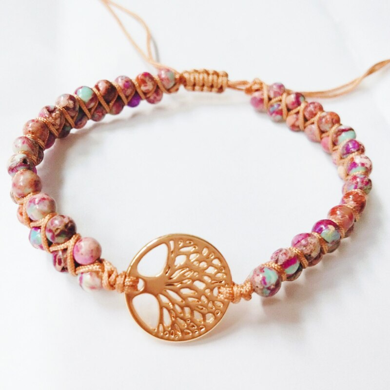 Árvore de pedra natural da vida yoga chakras contas frisado pulseiras corda de couro artesanal tecido wrap pedra ajustável casal pulseira: purple