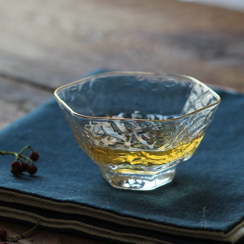 Japanese Style Hexagonal Personal Cup Hammered Glass Gold Tea Cup Wine Glasses Small Single Cup Teacup with gold edge