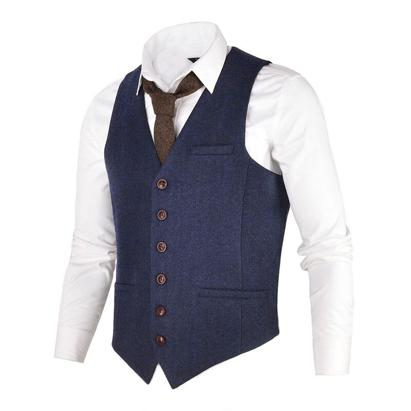 VOBOOM kamizelka męska kamizelka kawowa męska mieszanka wełny w jodełkę Tweed jednorzędowe kamizelki 007: Granatowy / Xxxl