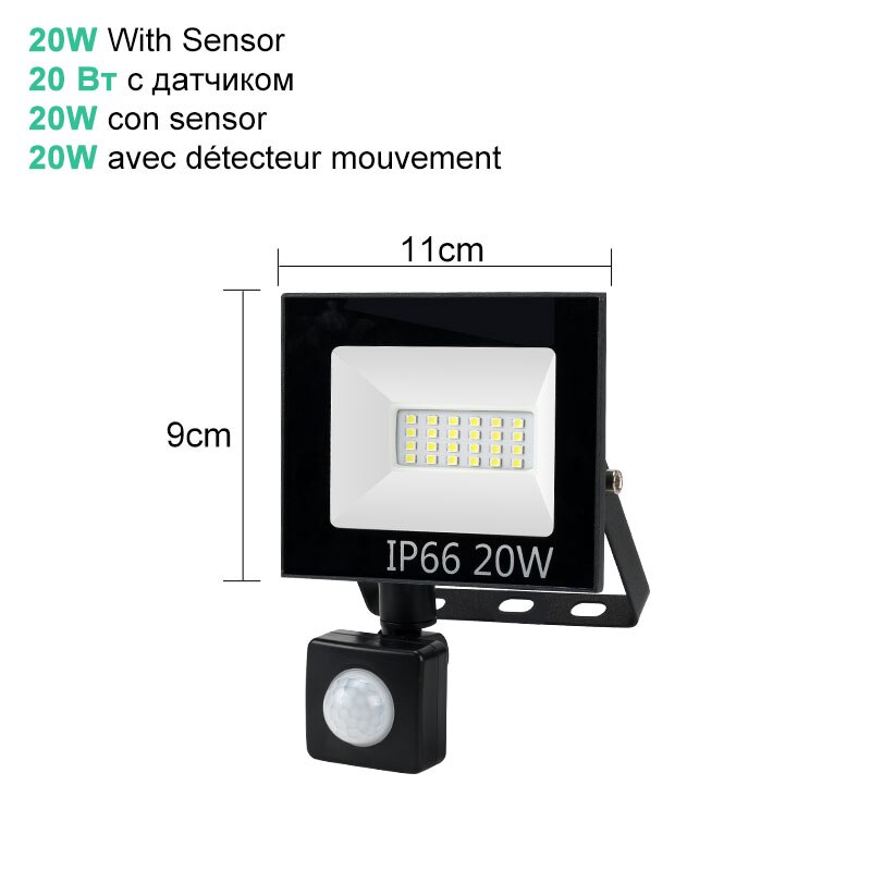 Ip66 vandtætte pir bevægelsessensor projektør led projektør lys 220v 240v udendørs væglampe 10w 20w 30w 50w projektør lys spotlight: Sensor 20w / Varm hvid  (2700-3500k)