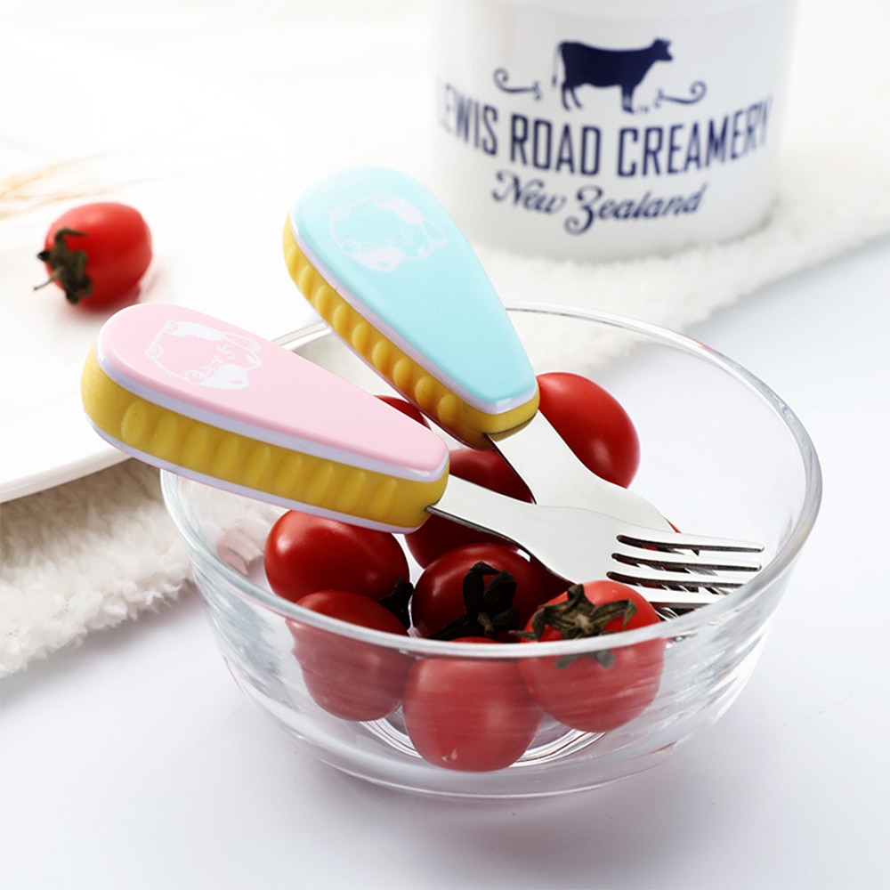 baby Feeding Spoon Fork Set Stainless Steel Toddler Infant Tableware Flatware Kids Cutlery with -Dust Box