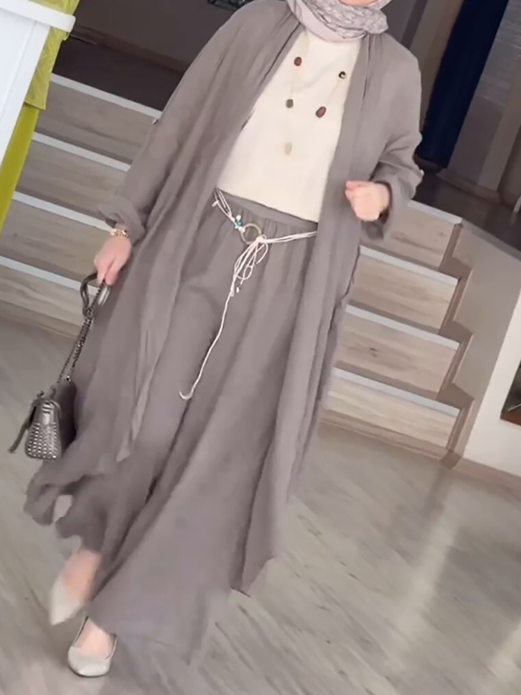 2- delade långärmade maxi-skjortor + vida byxor eid muslimska kvinnor set abaya dubai turkiet islamiska casual toppar enfärgad outfit