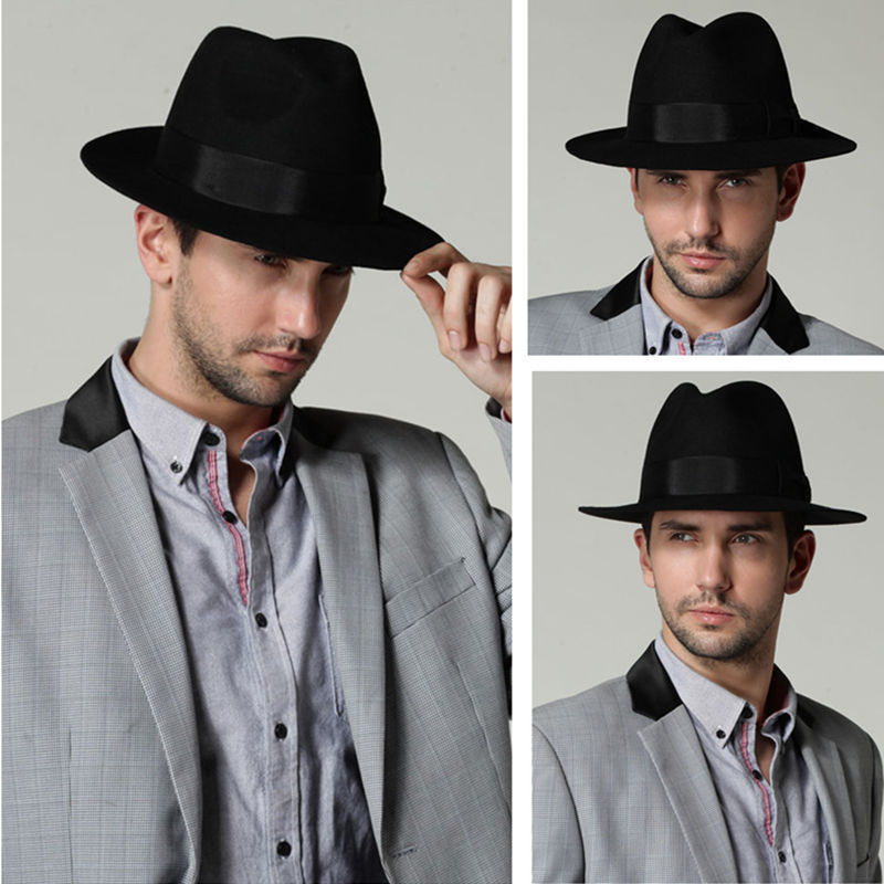 Masculino feminino de lã grossa vintage retro jazz chapéu feltro fedora aba larga bowler boné preto cinza cowboy chapéu preto cinza unisex chapéus