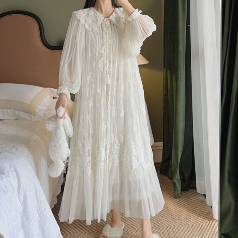 Bata de encaje bordado para mujer, vestido de noche largo de malla blanca de Hada, camisones victorianos Vintage, ropa de dormir de princesa