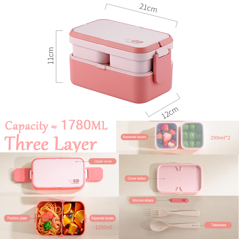 Boîte à lunch portable en fibre de bambou 3 en 1, double couche, bento, micro-ondes, cuillère, fourchette, femme, fille, école, enfant, pique-nique: Rouge