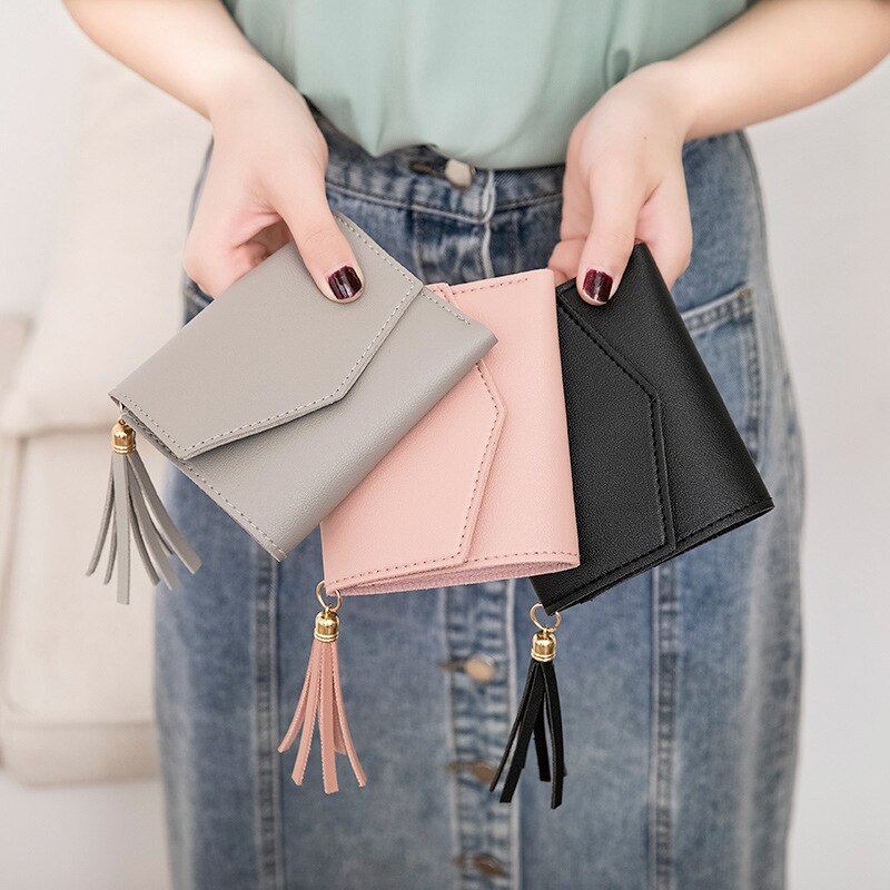 Women Tassel Love Heart Mini Wallets Black Pu Leather Coin Purse Simple All-match Student Card Holdeer Bag