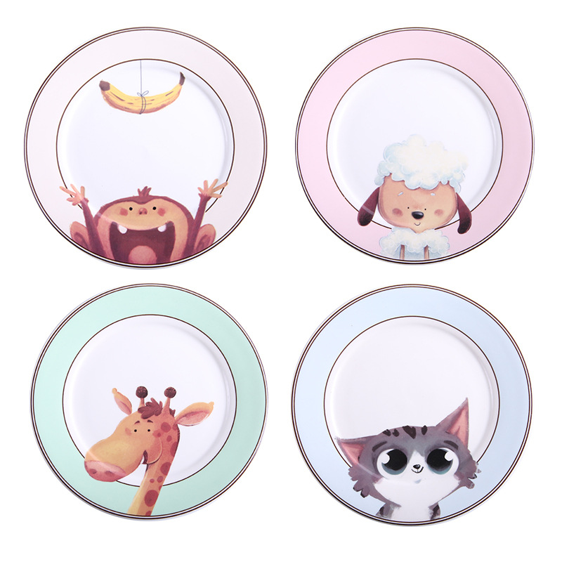 Plato de cerámica redondo de dibujos animados de 8 pulgadas, vajilla de porcelana para niños, estilo occidental, bandeja para carne, fruta, postre, frutos secos, platos para aperitivos