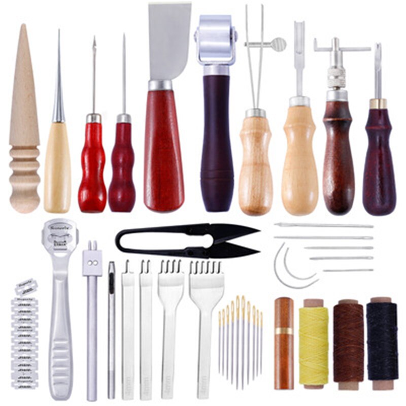 Miusie Lederen Naaien Kit Leer Hobbygereedschappen Set Hand Naaien Priem Stiksels Punch Carving Werk Zadel Groover Set Voor Beginners